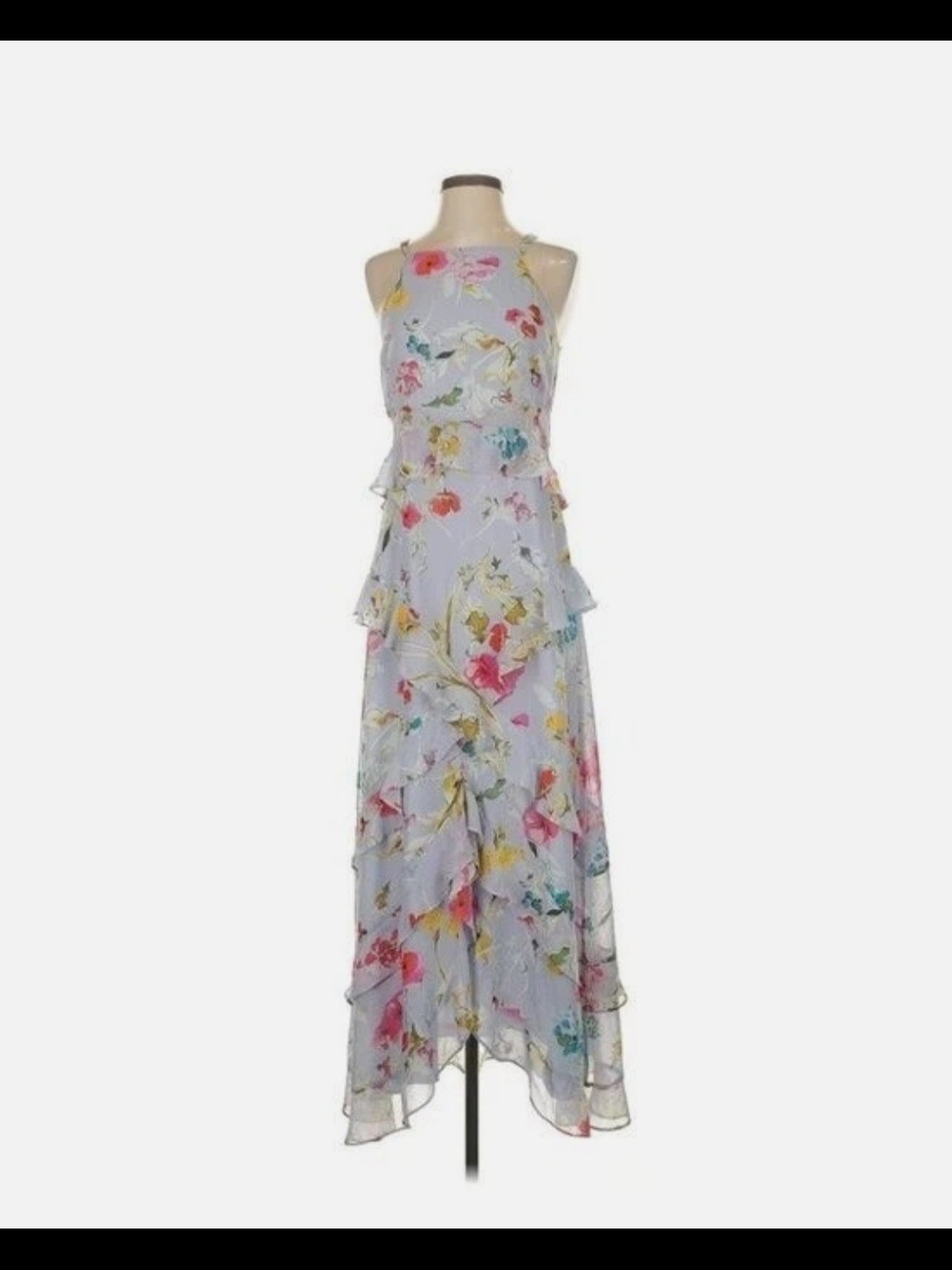 Rachel Light Blue Floral Halter Tiered Maxi Dress